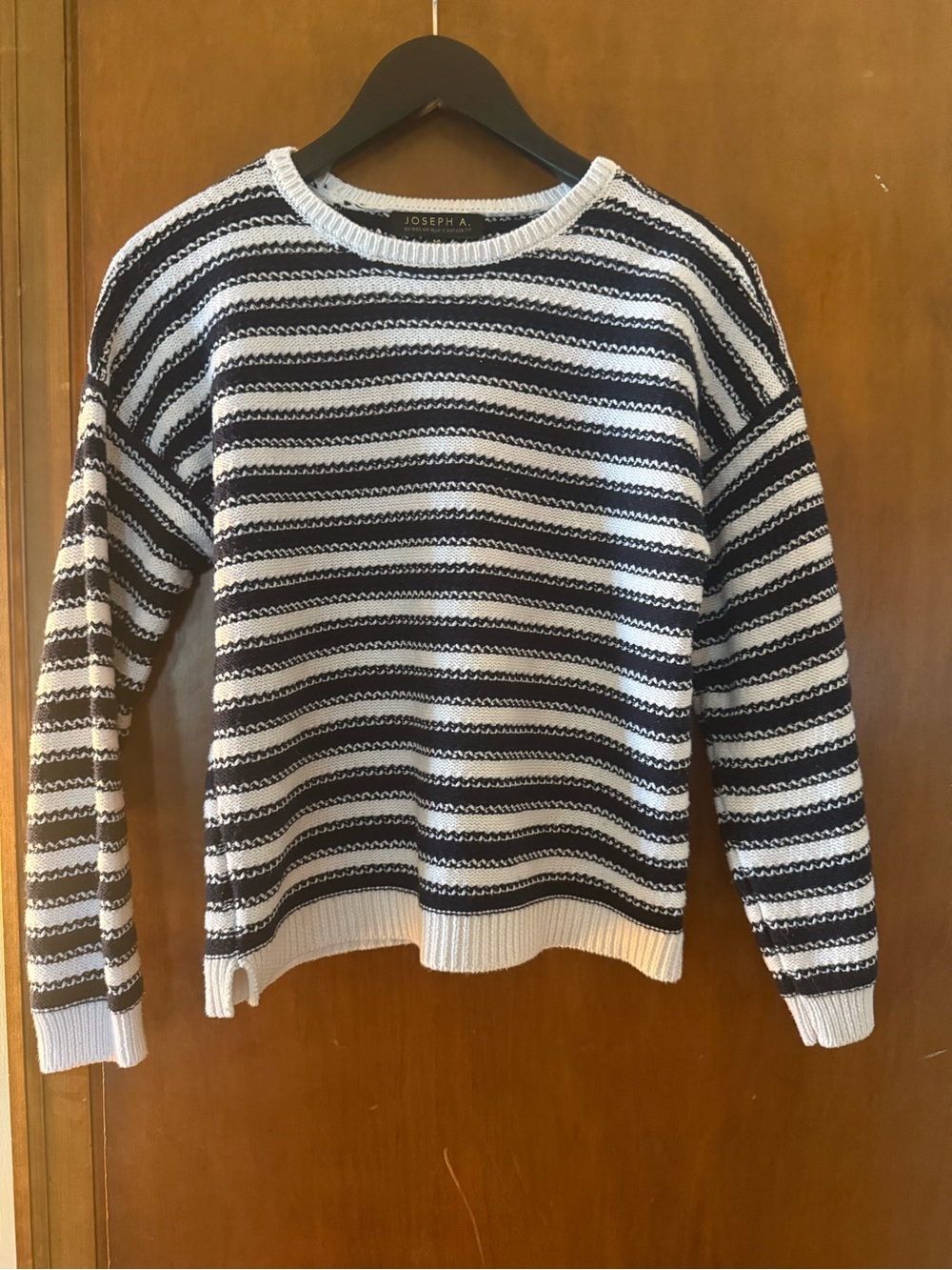 Joseph A. Black and White Striped Crew Sweater